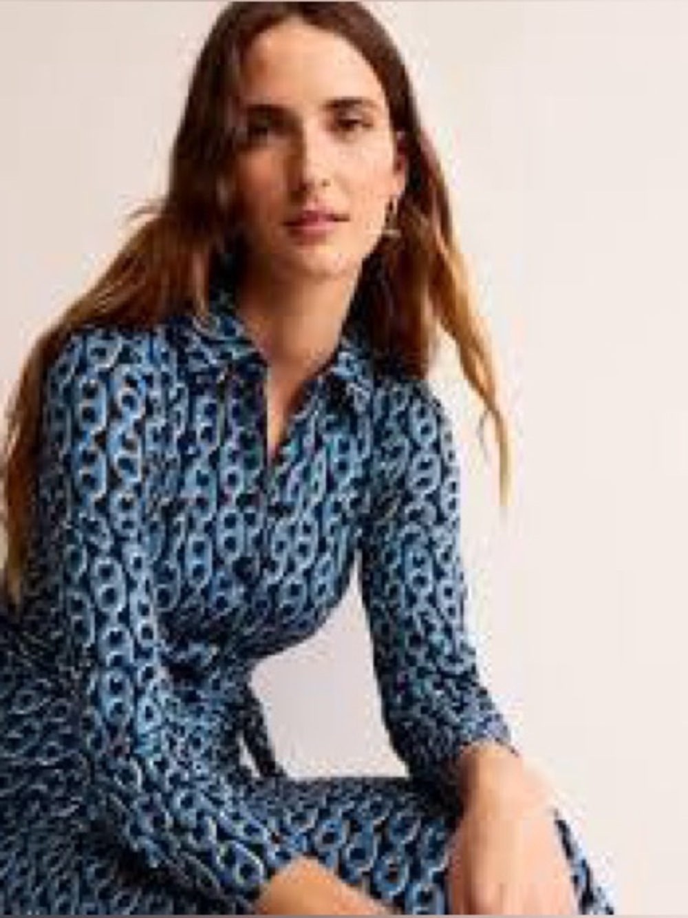 Boden Laura Jersey Midi Shirt Dress Blue Geo Chain Link US 4L / UK 8L - Picture 9 of 9